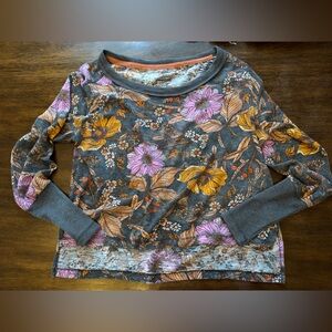 Pilcro Gray Floral Crew Neck Top with Pink & Orange Accents